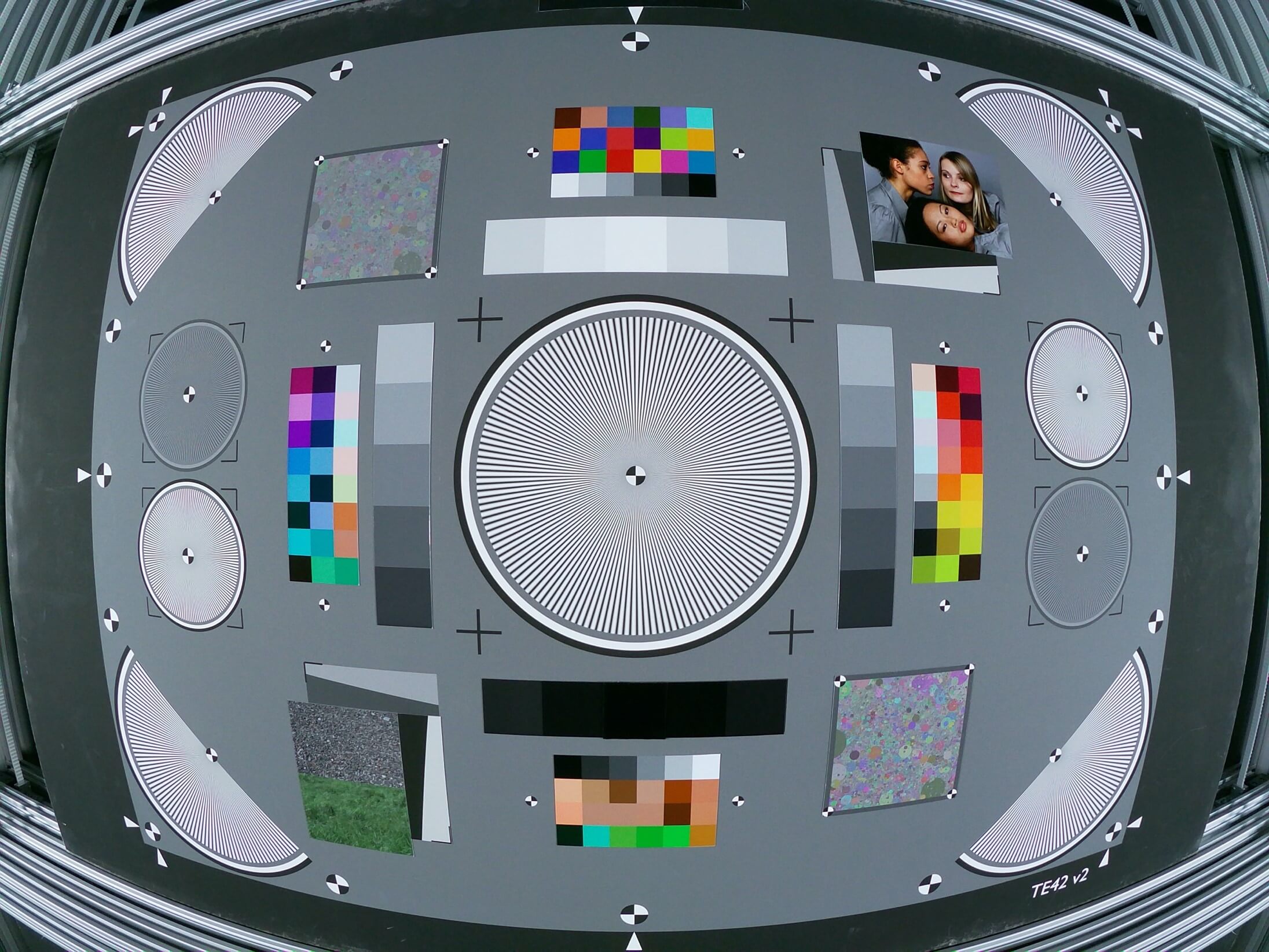 A heavily distorted image of a rectangular test image taken with a wide-angle view camera. distortion