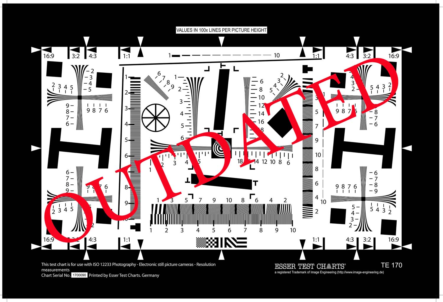 The outdated ISO12233 test target. The new standard from 2014 does not use this target anymore, as it has several technical flaws. The white background is a problem for Auto-Exposure, the high contrast structures trigger sharpening in the ISP, and the chart is missing gray patches for an individual linearization TE170 outdated small